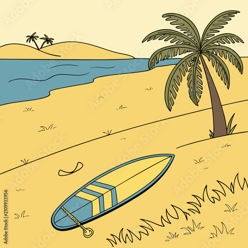 Photography Surfboard and paddle lying on sandy beach with palm trees ocean and distant islands retro vintage style illustration