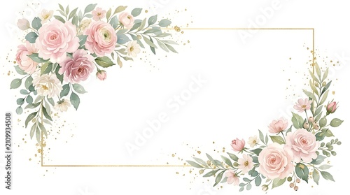 Beautiful pink rose flower frame with green leaves and artistic branches for wedding invitation card or romantic greeting