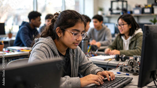 A diverse group of high school students collaborating on a computer-based class project, with a teenage girl typing on a desktop computer while learning software, programming, and digital technology.