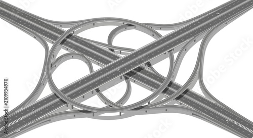 Complex highway interchange with multiple curved ramps and straight roads isolated on white background 3d rendering of modern infrastructure and transportation network