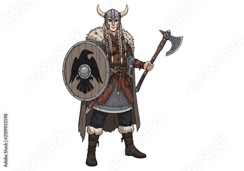 Obraz na płótnie Viking Warrior with Axe and Shield Standing.