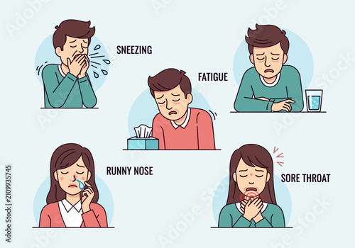 Картината върху платно Common Cold Symptoms Illustrated with People Experiencing Discomfort