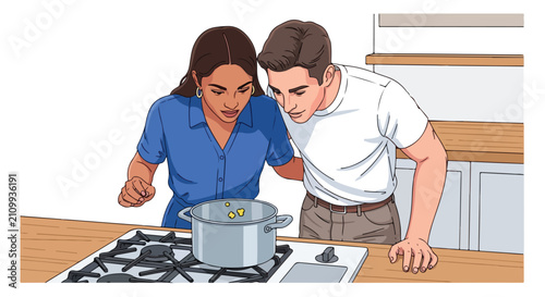Couple watching food cook in a pot on the stove