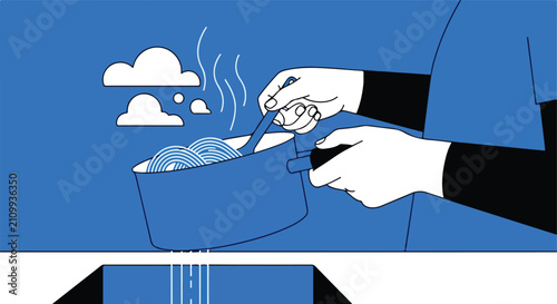 Cooking noodles in a pot with steam rising, stylized clouds above