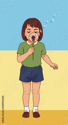 Child blows dandelion seeds into the wind