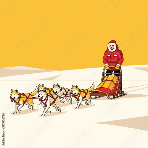 A person in a red coat drives a dog sled across a snowy landscape