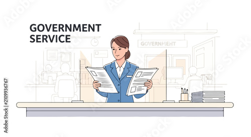 A smiling attendant reviews documents at a government service desk