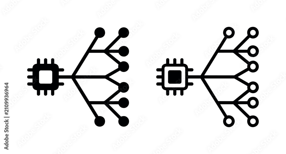 Fototapeta premium Microchip with branching lines icon, data distribution and network connection.