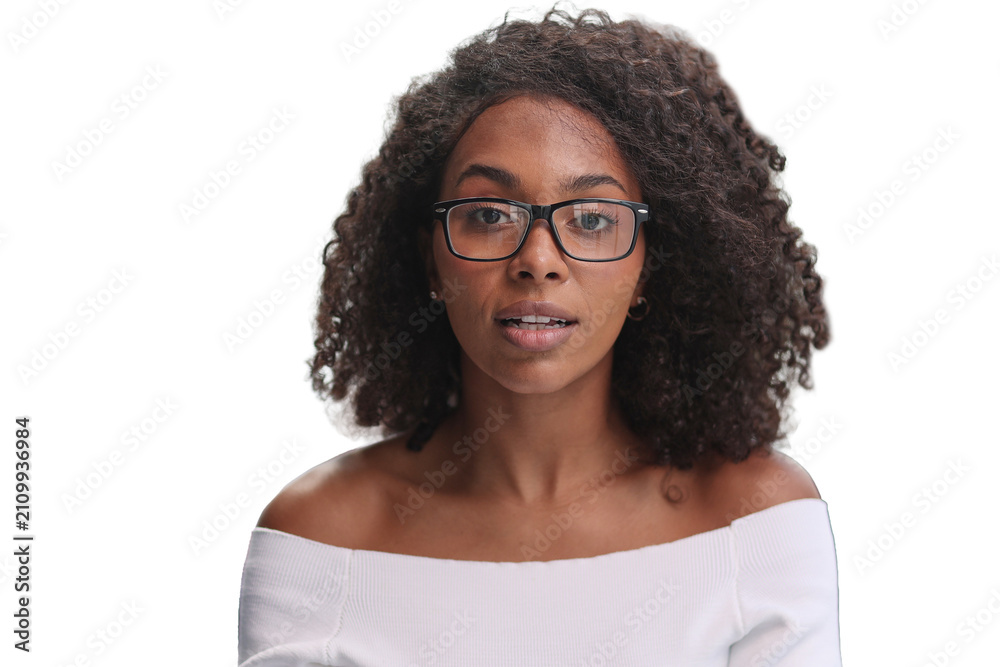 Obraz premium Portrait of african american young business woman showing finger gesture to the side