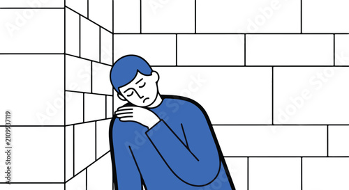 A person rests their head against a tiled wall, looking sad
