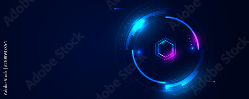 Futuristic technology background with glowing blue circular elements.
