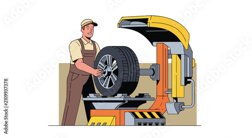 Mechanic adjusts wheel on balancing machine