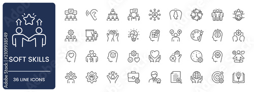 Soft skills icon set. Collection of emotional intelligence, teamwork collaboration, problem solving, time management and communication ability line icon vector illustration with editable stroke.