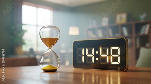 Hourglass with flowing sand and digital clock on wooden table symbolizing contrast between traditional and modern timekeeping