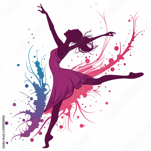 Silhouette of ballet dancer in artistic leap, vibrant paint splashes highlight dynamic movement, symbolizing creative expression, energy, and grace.