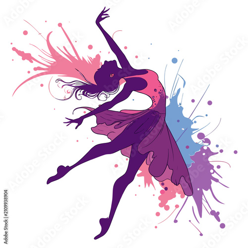 Energetic ballet dancer silhouette in elegant pose, surrounded by colorful abstract paint splatters, representing artistic freedom, movement, and vibrancy.