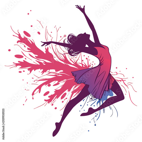 Energetic ballet dancer silhouette in mid-leap, surrounded by bold, flowing paint strokes, illustrating artistic expression and vibrant movement.