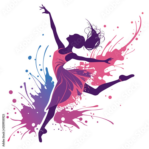 Vibrant ballet dancer silhouette mid-jump, adorned with striking pink and blue ink splatters, symbolizing dynamic artistic passion and freedom.