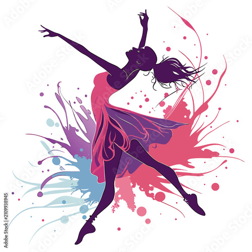 Elegant female ballet dancer in artistic pose with vibrant pink and violet paint splash background elements perfect for modern poster design and creative projects.