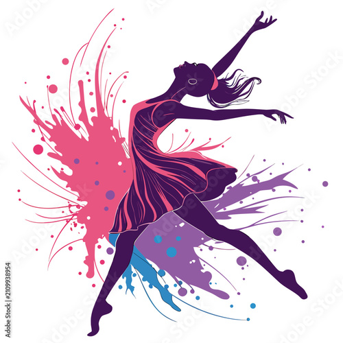Graceful ballet dancer illustration featuring abstract pink and purple paint splash design elements on white background perfect for modern artistic print decor projects.