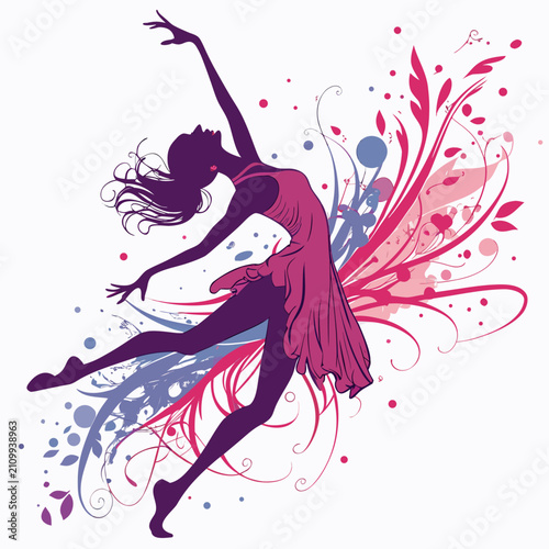 Beautiful ballerina silhouette captured in mid air leap featuring delicate pink floral patterns and abstract paint splatters isolated on clean white background design.