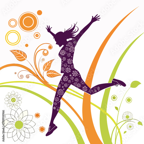 Joyful woman silhouette jumping in spring meadow with floral patterns and organic swirls decorative background vector illustration celebrating wellness and happiness.