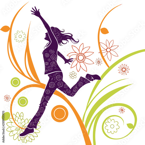 Elegant female figure reaching for sky amidst swirling botanical elements and colorful sun motifs vector design celebrating personal growth and positive energy flow.