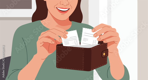 Woman smiling while looking at receipts in a brown wallet