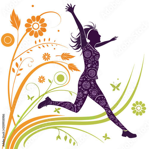 Energetic female runner in motion with decorative orange and green floral elements and circular patterns isolated on white background for active lifestyle projects.