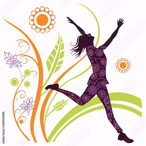 Athletic female silhouette running through field of abstract greenery and sun symbols vector illustration representing energy movement and healthy outdoor lifestyle.