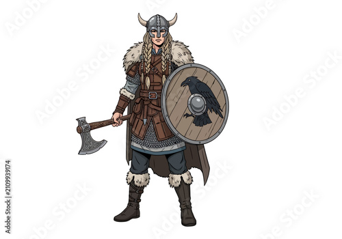Viking Warrior with Axe and Shield Standing.