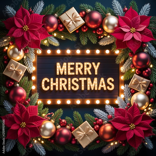 Festive Merry Christmas illuminated sign surrounded by poinsettias pine branches ornaments and gifts