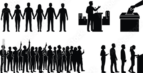 Fotografie Democracy and voting silhouette set with voters, public speaker, ballot box, and