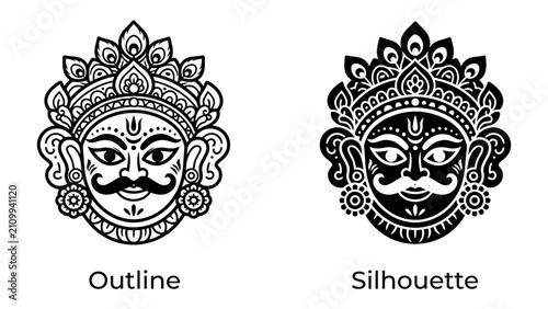 Картината върху платно Indian Deity Mask: An intricate depiction of a traditional Indian deity mask, presented in both an outline and a silhouette version, showcasing cultural artistry and symbolism