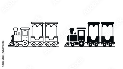 Bild auf Leinwand Steam Engine Illustration: A stylized illustration showcasing a classic steam engine with two carriages, presented in both line art and solid silhouette forms