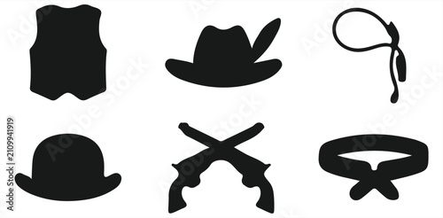 Fotografía Wild West cowboy icons set with vest hat lasso bowler pistols revolvers bandana