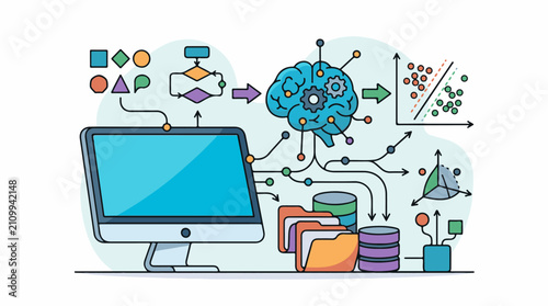 Digital brain processing data from computer and charts