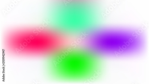 Four blurred oval-shaped color regions arranged in a cross pattern on a white background. Cyan at the top, green at the bottom, magenta on the left, and purple on the right, blending softly toward