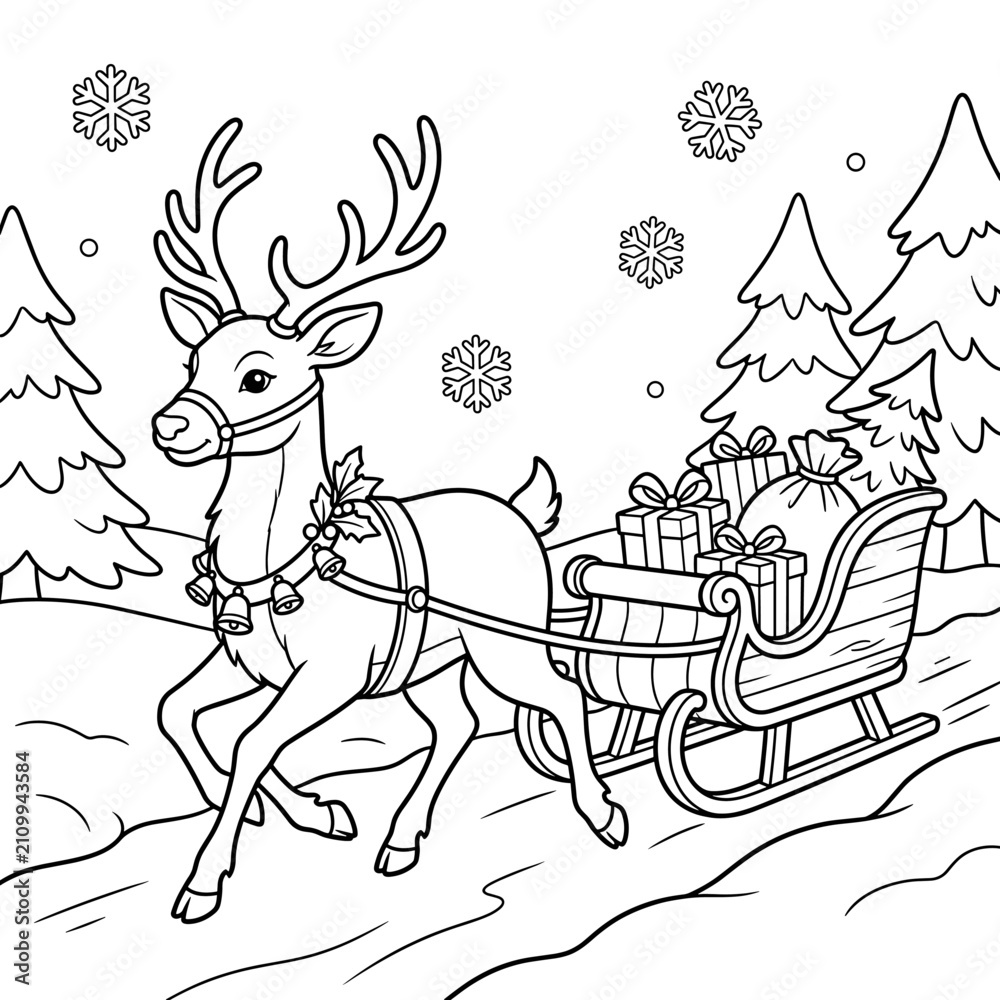 Obraz premium Christmas Reindeer with Sleigh and Gifts Coloring Page