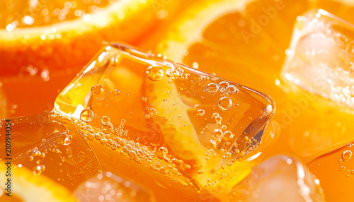 Close-up of refreshing orange drink with ice cubes and citrus slices, showcasing vibrant colors and effervescence.