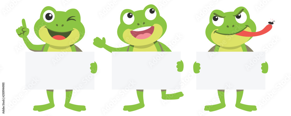 Fototapeta premium Funny cartoon frogs holding blank signs with expressions.
