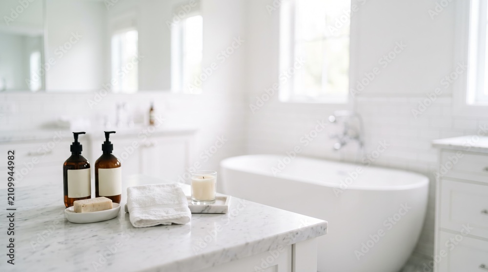 Fototapeta premium Modern White Bathroom with Marble Counter and Spa Essentials for Wellness Design