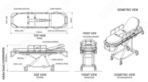 Medical Stretcher Technical Line Drawing, Orthographic Views