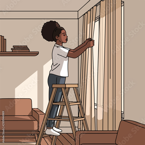 Woman on stepladder adjusting curtains, indoor setting
