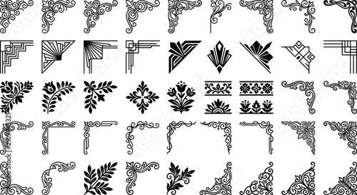 Ornate Corner Ornament Set Art Deco Floral Vintage Frame Border Hand Drawn Vector Illustration Collection