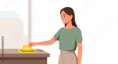 Woman pressing button on table
