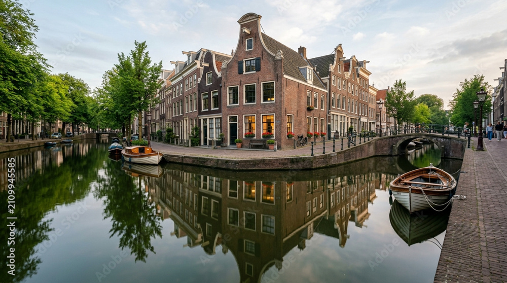 Obraz premium Quaint Canal Houses Reflection in Water with Boats, Netherlands Landscape