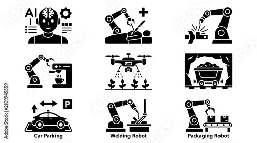 Robotics and Automation Glyph Icons Set, Black Pictograms