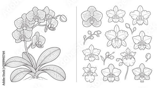Elegant line art orchid set featuring blooming flowers and floral elements.
