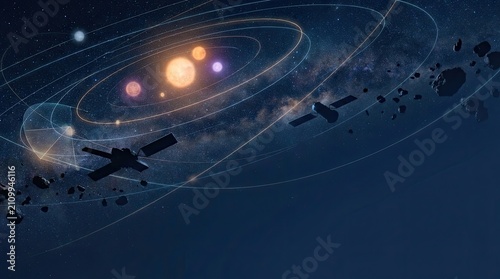 A digital artwork depicts a vast expanse of space with a swirling galaxy background.